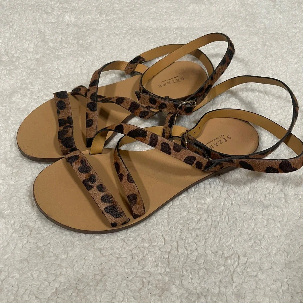Sezane Leopard Print Sandals Calf Hair Leather Ankle Strap Flat Tan Size 37 US 6